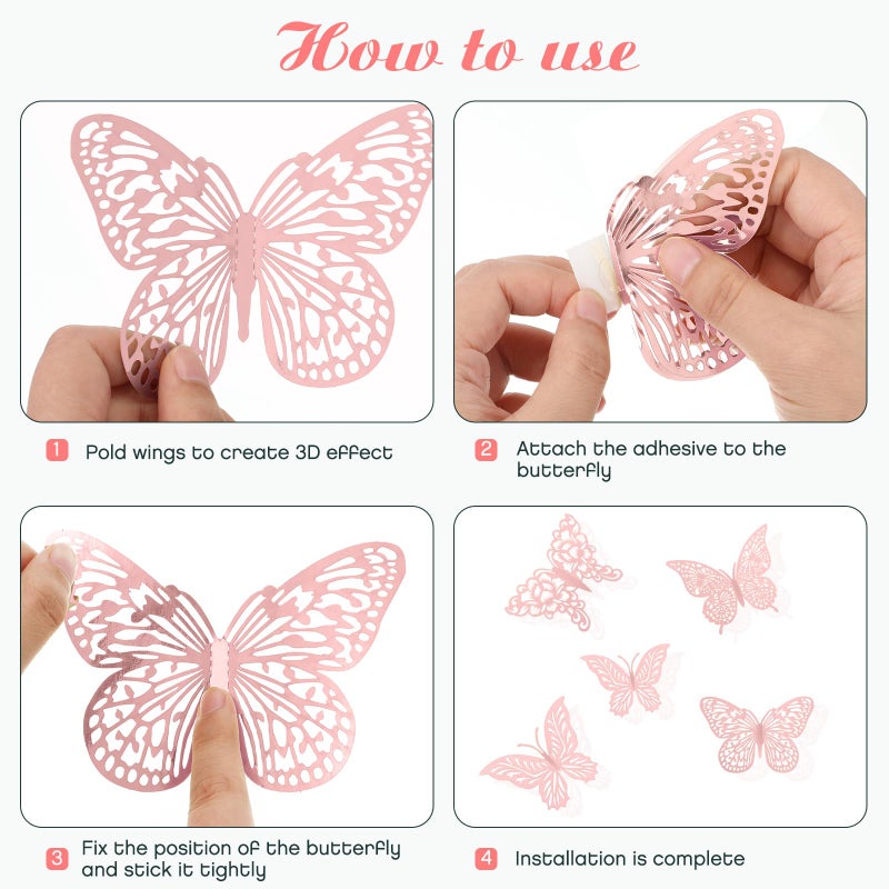 XUNXMAS 3D Gold Butterfly Wall Decor 3 Sizes 4 Styles Butterfly Party Decorations Cake Decorations Removable Stickers Wall Decor Room Mural Metallic Kids (Pink, 96Pcs) - Image 4